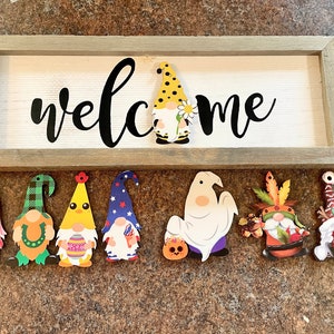 Welcome interchangeable gnome sign gift for holiday, wall decor sign for birthday wall decor Mothers Day gift for her decoration present