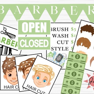 May include: A printable set of play money, signs, and hair style images for a pretend barber shop. The signs say "Open", "Closed", and "Barber". The play money has dollar signs on it. The hair styles are different colors and styles. The text "J&J" is in a pink star.