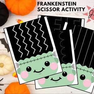May include: A printable Halloween scissor skills activity featuring a Frankenstein monster with black and white zig-zag hair, black and white stripes, and black and white wavy lines. The monster has a green face with a stitched mouth, black eyes, and pink cheeks. The text "FRANKENSTEIN SCISSOR ACTIVITY" is at the top of the page.