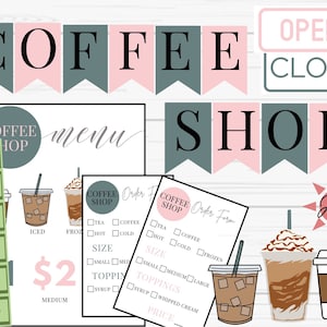 May include: A pink and green coffee shop menu with a sign that says "Coffee Shop" and an order form with checkboxes for tea, coffee, hot, cold, frozen, size, and toppings. The menu also includes a price of $2 for a medium iced coffee.