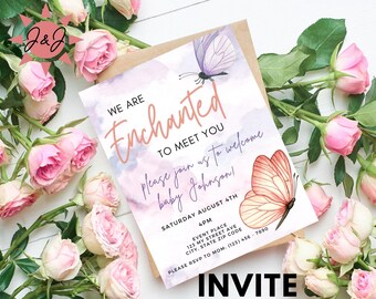 Invitación para baby shower con el mensaje Encantado de conocerte. Invitación para descargar en formato digital, invitación editable e imprimible