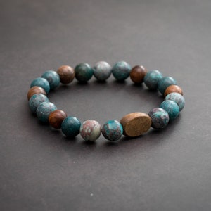 Blue green Turquoise stone bracelet with rosewood beads, bohemian style bracelet for women men 8 mms turquoise wood bead bracelet gifts uk