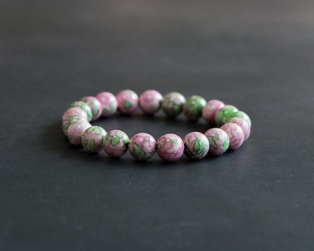 Pink & Green Rain Flower Stone Bead Bracelet for Women Men Etsy