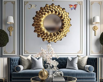 Luxury Gold Rustic Lotus Decorative Gold Mirror, Gold Class Mirror, Luxury Designer Mirror, Gold Sunburst Wall Accent Mirror, Boho Wall Art