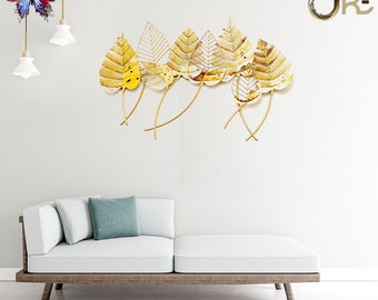 Luxury Gold Leaf Wall Decor Gold Decorative Boho Wall Art, Gold Metal Art, Luxury Designer Gold Wall Accent Hanging for Living Room, Office