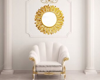 Gold Leaf Mirror Gold Boho Wall Art, Gold Metal Art, Decorative Gold Mirror Gold Class Mirror Luxury Designer Mirror Gold Wall Accent Mirror