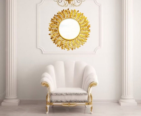 Gold Leaf Mirror Gold Boho Wall Art, Gold Metal Art, Decorative Gold Mirror Gold Class Mirror Luxury Designer Mirror Gold Wall Accent Mirror