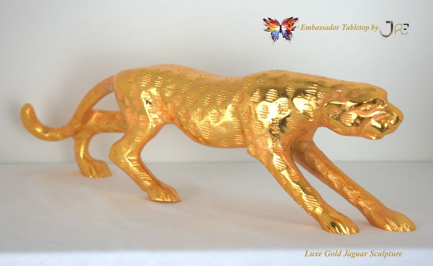 Luxury Gold Jaguar Sculpture Statue Artwork Decor Luxury Tabletop