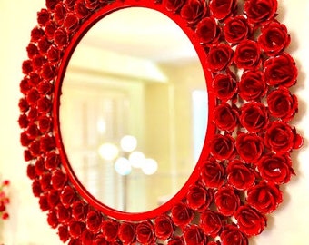 Luxury Valentines Day Gift Red Rose Mirror Red Boho Wall Art Valentines Day Decor Red Decorative Mirror Rose Day Gift Red Wall Accent Mirror