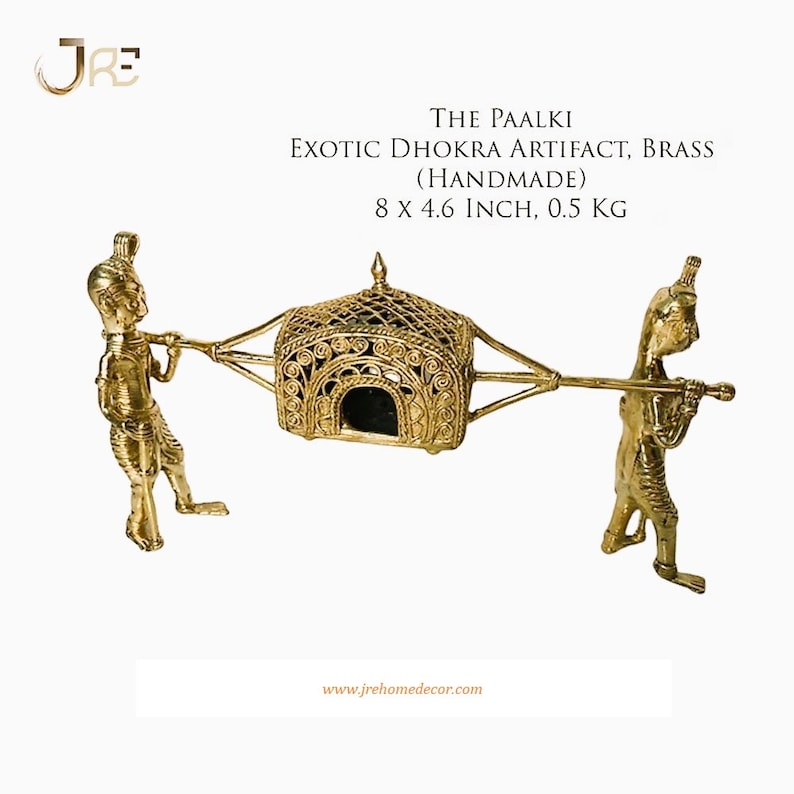 May include: A gold-colored brass palki, a traditional Indian palanquin, carried by two figures. The palki is decorated with intricate designs and measures 8 inches by 4.6 inches. The palki is handmade and weighs 0.5 kg.