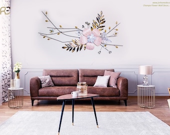 Metal Flower Wall Decor Accent - Pink Wall Art, Pink Metal Art, Luxury Designer Wall Hanging, Gold Wall Accent, Decorative Boho Wall Art