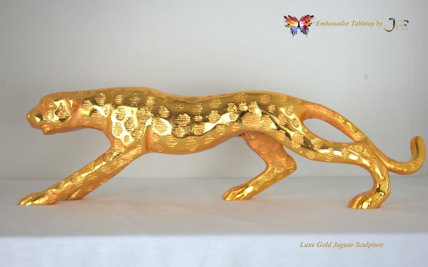 Luxury Gold Jaguar Sculpture Statue Artwork Decor Luxury Tabletop