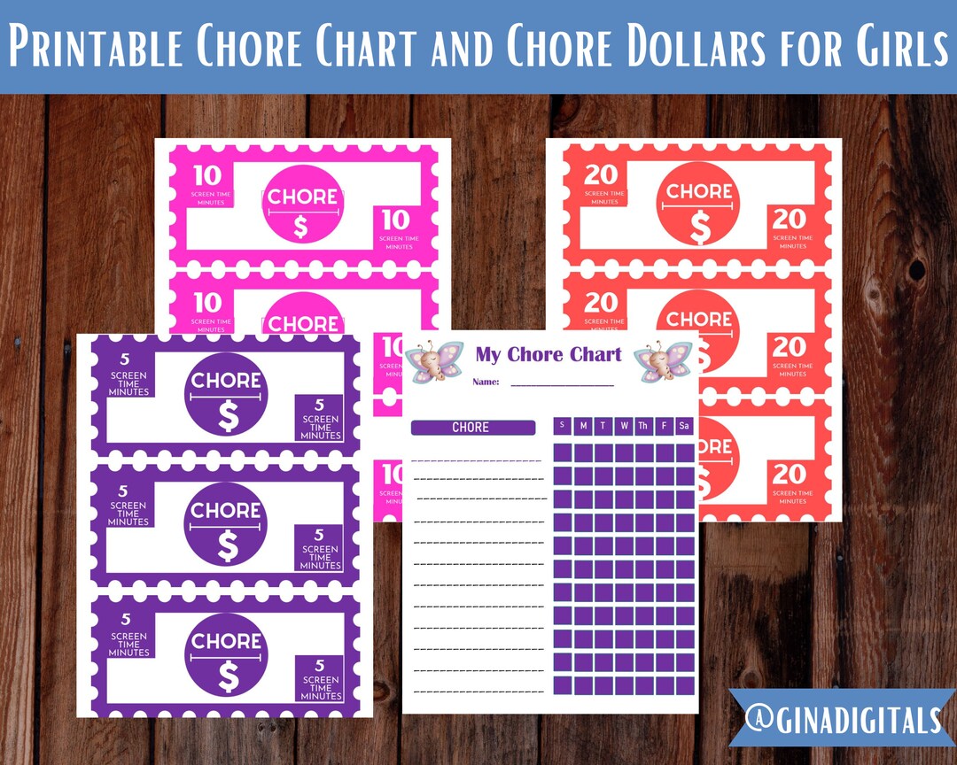 Printable Chore Chart and Chore Dollars for Girls Etsy España