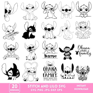 Puede incluir: Una colección de 20 diseños SVG de Stitch y Lilo en blanco y negro. Los diseños incluyen varias poses de Stitch, algunas con texto como "Ohana Means Family" y "Weird but Cute". La imagen también incluye el texto "Stitch and Lilo SVG" e "Instant Download".
