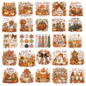 May include: A collection of twenty-five square digital illustrations featuring autumn themes, including pumpkins, sunflowers, plaid bows, raccoons, gnomes, ghosts, and trucks, with various seasonal text phrases like Fall Vibes and Pumpkin Spice Season.