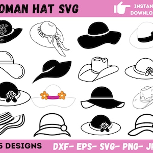 Vrouw hoed Svg-bundel, vrouw hoed Png, hoed Svg, Svg-bestanden voor Cricut, hoed Clipart, Svg voor silhouet, vectorbestanden, Instant Download