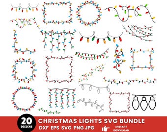 Paquete de luces navideñas SVG, luces navideñas PNG, archivos SVG para Cricut, luces SVG, imágenes prediseñadas navideñas, luces de colores, descarga instantánea