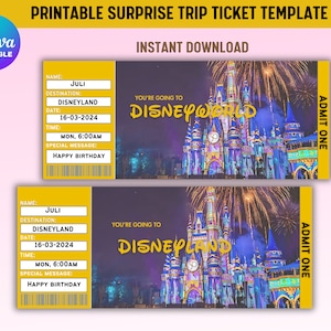 Druckbare Disneyland Surprise Ticket Vorlage, Disneyworld Reise, Geschenk offenbaren, Geburtstagsgeschenk, bearbeitbare Bordkarte, sofort Download,
