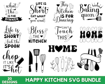 20+ Happy Kitchen SVG-Bundle, Küchendesigns svg, Küchenelemente svg, Küche Zitate svg, Kochen svg, SVG-Dateien für Cricut, sofort Download