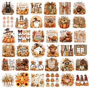 May include: A collection of autumn-themed digital illustrations featuring pumpkins, sunflowers, ghosts, farm animals, and seasonal text like Fall Vibes, Happy Harvest, and Pumpkin Season, arranged in a grid pattern with warm orange and brown tones.
