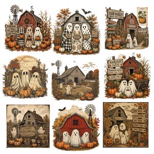May include: A collection of nine digital illustrations featuring rustic red and gray barns, windmills, autumn foliage, pumpkins, and white sheet ghosts. The scenes include various signs with text like 'Hollow Creek Farm Market', 'Harvest Festival', and 'Happy Halloween'.