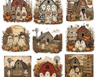 Vintage Halloween-Geister-Trio (PNG-Bundle), Retro-Kürbisgeist (PNG), Rustikales Landhaus-Cottagecore-Herbst-Shirt (Digitaler Download)