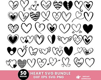 50 Heart Svg Bundle, Heart Png, Heart Doodle Svg, Valentine Days Svg, Heart Clipart, Heart Dxf, Love Hearts, Hand Drawn Hearts Svg Bundle