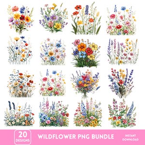 May include: A collection of 20 watercolor wildflower designs in a PNG bundle. The floral arrangements feature a variety of colorful blooms, including red, yellow, blue, and purple flowers. The text "WILDFLOWER PNG BUNDLE" is displayed on a pink banner.