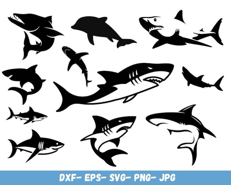 Puede incluir: Un conjunto de diez im&aacute;genes en silueta en blanco y negro de tiburones en varias poses. Los tiburones est&aacute;n todos mirando en diferentes direcciones y tienen diferentes formas de aletas. Las im&aacute;genes son perfectas para usar en manualidades, scrapbooking o dise&ntilde;o digital.