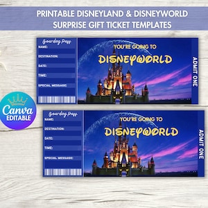 Plantilla de boleto sorpresa de Disneyland imprimible, viaje a Disneyworld, revelación de obsequio, regalo de cumpleaños, tarjeta de embarque editable, descarga instantánea,