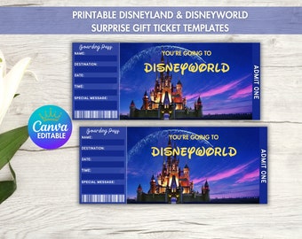 Plantilla imprimible de boleto sorpresa de Disneyland, viaje a Disneyworld, revelación de regalo, regalo de cumpleaños, tarjeta de embarque editable, descarga instantánea,