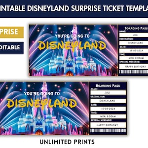 Druckbare Disneyland Surprise Ticket Vorlage, Disneyworld Reise, Geschenk offenbaren, Geburtstagsgeschenk, bearbeitbare Bordkarte, Sofort Download