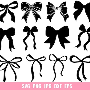 May include: A selection of black bow silhouettes in different designs. The bows are set against a white backdrop, with a pink banner at the bottom displaying the text "SVG PNG JPG DXF EPS".