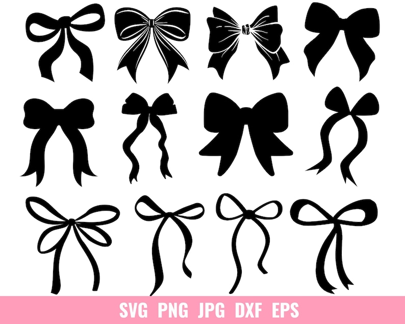 May include: A selection of black bow silhouettes in different designs. The bows are set against a white backdrop, with a pink banner at the bottom displaying the text "SVG PNG JPG DXF EPS".