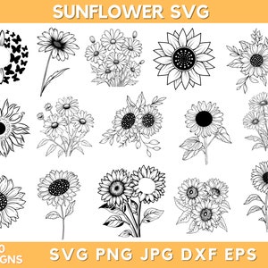 Pacote Svg de girassol, clipart de girassol, png de girassol, camisa de girassol Svg, arquivo Svg para Cricut, silhueta, arquivos vetoriais, download instantâneo