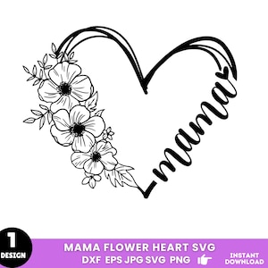 Puede incluir: Diseño de arte de línea en blanco y negro de un corazón con la palabra "mama" escrita dentro del corazón. Las flores están en el lado izquierdo del corazón.