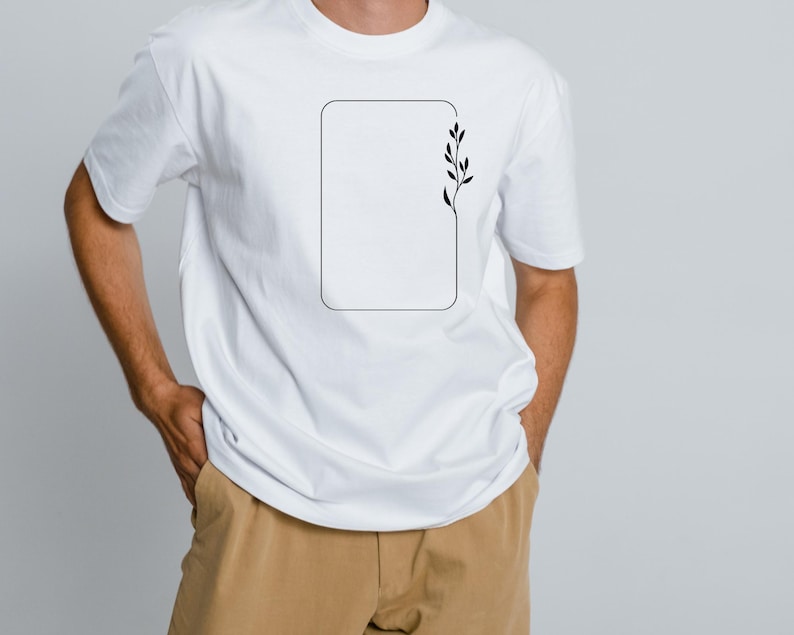 May include: White t-shirt with a simple black outline of a rectangle and a small branch with leaves on the right side of the rectangle.