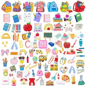 Può includere: Una collezione di forniture scolastiche e cancelleria in stile cartone animato e colorate. Include zaini, quaderni, matite, mele, un autobus scolastico e il testo "150 Designs". L'immagine è un vivace assortimento di illustrazioni a tema ritorno a scuola.