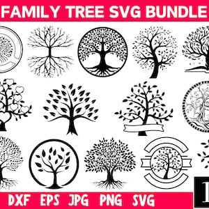 May include: A set of 15 black and white family tree SVG designs. The designs include various styles of trees, including a tree with hearts, a tree with roots, and a tree with a book. The text "FAMILY TREE SVG BUNDLE" is at the top of the image.