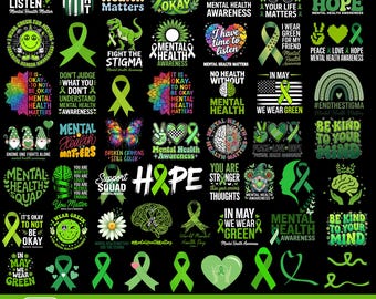 Bewusstsein für psychische Gesundheit PNG-Bundle, Green Ribbon Support Squad Design, Kampf gegen das Stigma Shirt PNG, Psychische Gesundheitsangelegenheiten, Selbstliebe Sublimation