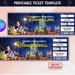 Modello di biglietto stampabile a sorpresa Disneyland, viaggio a Disneyworld, presentazione del regalo, regalo di compleanno, carta d'imbarco modificabile, download immediato,