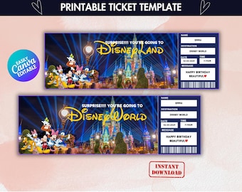 Printable Disneyland Surprise Ticket Template, Disneyworld Trip, Gift Reveal, Birthday Gift, Editable Boarding Pass, Instant Download,