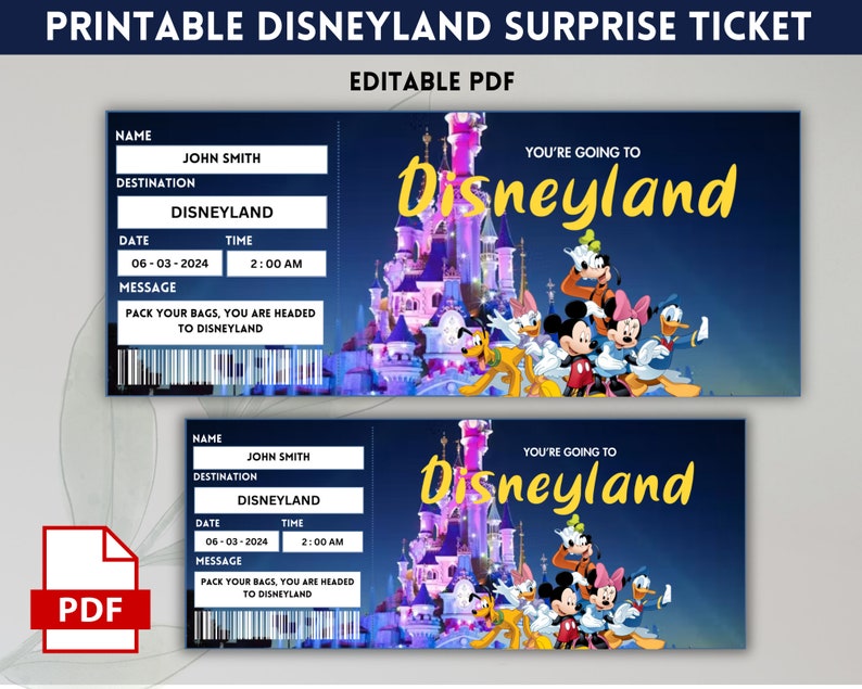 Printable Disneyland Surprise Ticket Template, Disneyworld Trip, Gift Reveal, Birthday Gift, Editable Boarding Pass, Instant Download, image 1