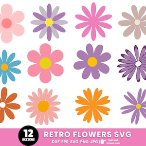 Retro Flowers Svg, Flower Clipart, Daisy Flower Cut File,Boho Flower Svg,Flower Svg Bundle,Floral Png, Svg Files For Cricut,Instant Download