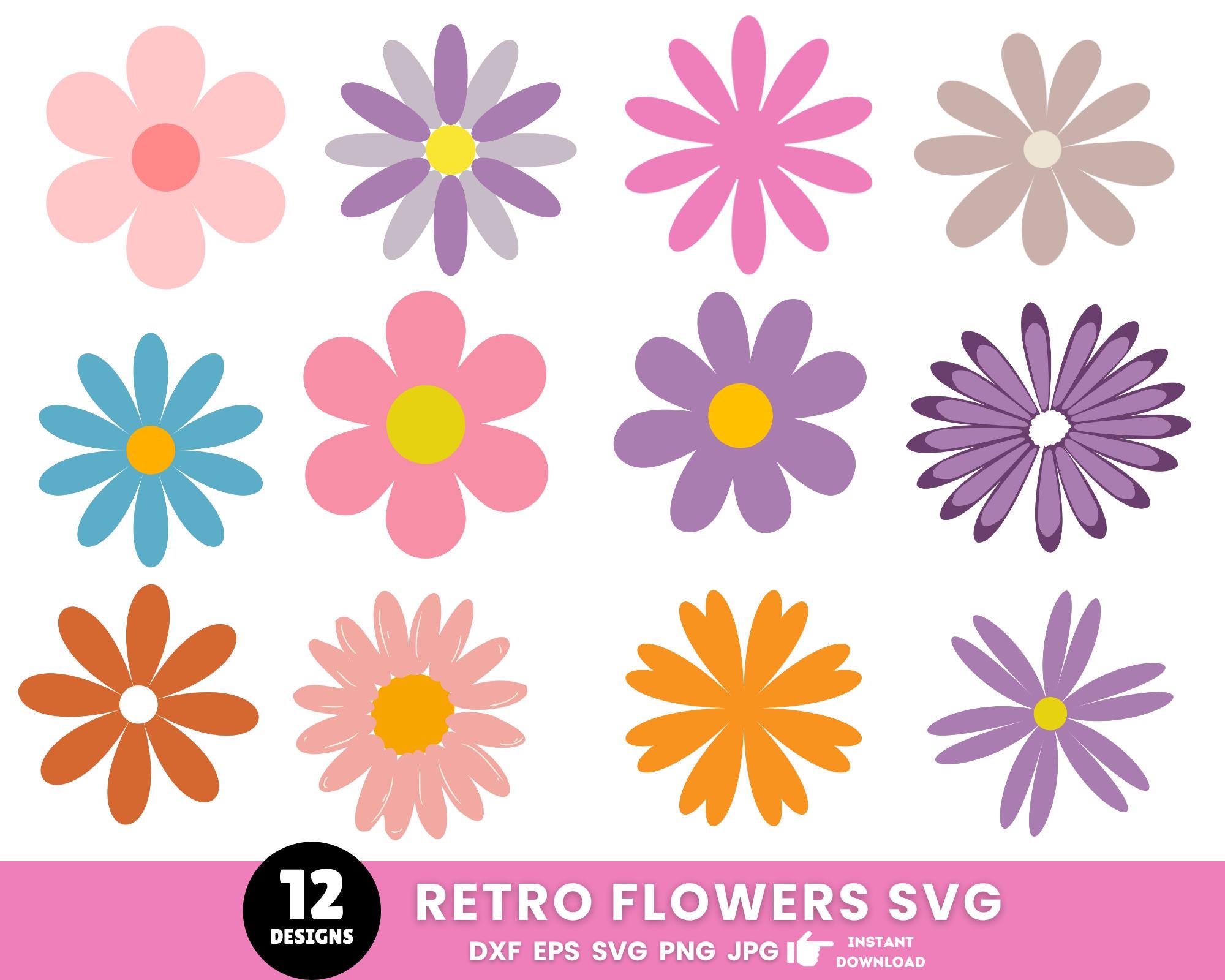 Retro Flowers Svg, Flower Clipart, Daisy Flower Cut File,Boho Flower Svg,Flower Svg Bundle,Floral Png, Svg Files For Cricut,Instant Download