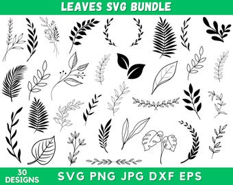 30+ Leaves Svg Bundle, Hand Drawn Leaves Svg, Leaves Png, Leaf Template, Plant Leaves, Svg Files For Cricut, Instant Download, Silhouette