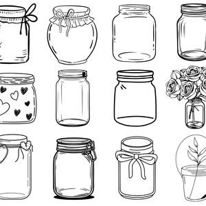 以下が含まれることがあります： 様々な形とサイズのメイソンジャーの、12個の白黒線画イラストのコレクション。リボンが付いた蓋のあるジャー、ハートのデザインが施されたジャー、花が入ったジャーなどがあります。ジャーは空で、使用する準備ができています。