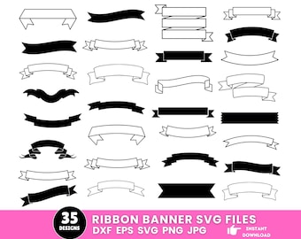 May include: A set of 35 black and white ribbon banner SVG files. The banners are in various shapes and sizes, including curved, straight, and angled. The files are perfect for creating custom designs for crafts, scrapbooking, and more.