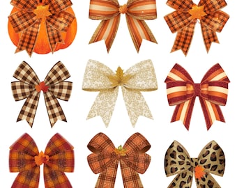 Op de afbeelding: Een verzameling van negen decoratieve strikken met diverse herfstachtige patronen, waaronder oranje ruiten, bruin-witte vichy-ruitjes, gestreepte texturen en luipaardprint, elk versierd met een klein esdoornblad van stof in het midden.