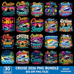 Puede incluir: Un conjunto de 30 diseños PNG con temática de cruceros. Cada diseño presenta un crucero, elementos tropicales y texto como "Cruise Squad 2026" y "Family Cruise". Los diseños son vibrantes y adecuados para diversos proyectos.